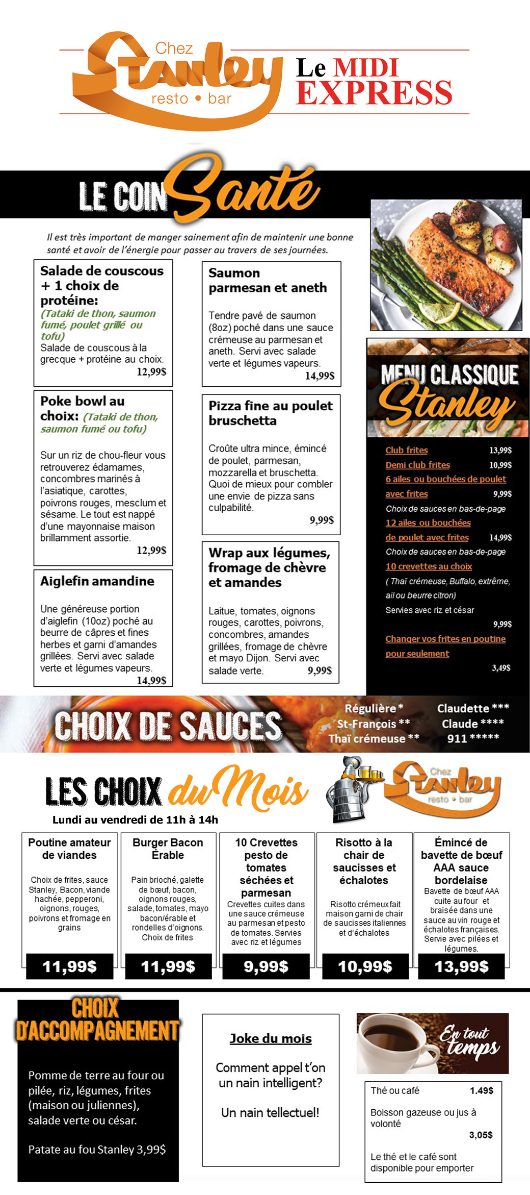 Menu salle à manger | Resto bar chez Stanley