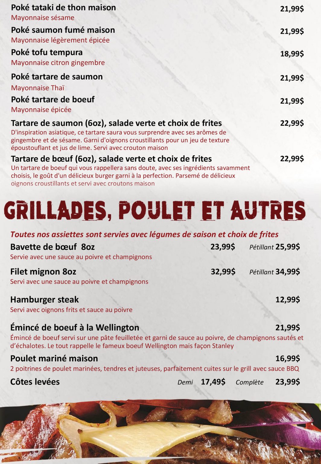 Menu salle à manger | Resto bar chez Stanley